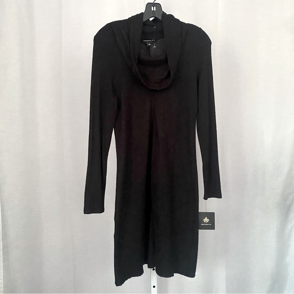 Fortune & Ivy Cowl Neck Knit Long Sleeves Dress in Black — S